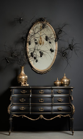 a black and gold dresser with an ornate mirror on the sideboard, surrounded by spered branches that hang above itの素材