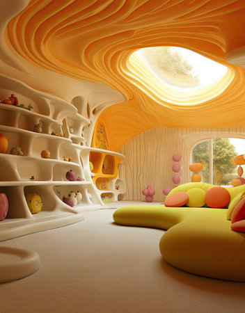a living room with lots of colorful furniture and walls that look like swirls in the shape of an eggの素材