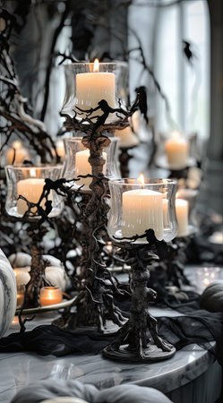 some candles in the center of a table with black branches and white pumpkins on it, surrounded by candle holdersの素材