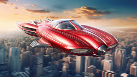 a red car flying in the air over a large city with skyscrapers and tall buildings on either side, there is an imageの素材