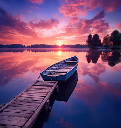 a boat docked at the end of a dock with a beautiful sunset in the sky is reflected on the waterの素材