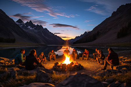 people sitting around a campfire in the mountains at night, surrounded by blue sky and mountain range behind themの素材