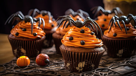 halloween cupcakes on a table with pumpkins and chocolate spies in the background, surrounded by spidersの素材