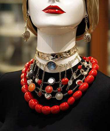 a manne with red and white necklaces on its neck, in a store window display caseの素材