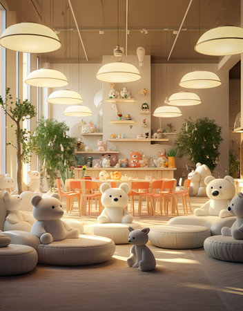 some white teddy bears in a room with many lights on the ceiling above them is an orange table and chairsの素材