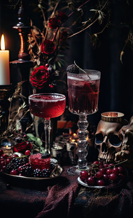 two glasses filled with red wine and garny fruit on a candle in the background is lit by candlesの素材