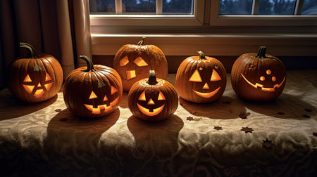 five carved pumpkins sitting on a table in front of a window with the light coming through them, all lit upの素材