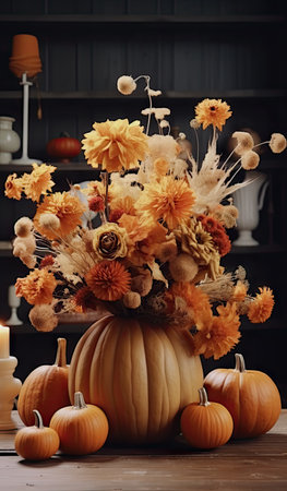 pumpkins and flowers in a white vase on a wooden table with candles, candle holders and other fall decorationsの素材