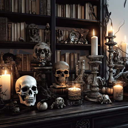 some skulls and candles on a table in front of a bookcase with bookshels, candle holders and other itemsの素材