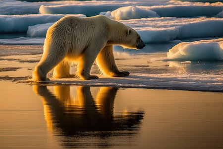 a polar bear walking across the water in front of some icebergs and snow floes at sunset timeの素材