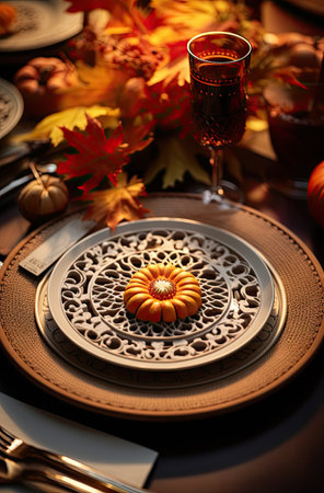 a table setting with pumpkins and fall leaves on the placemat for an autumn dinner party or thanksgiving dinnerの素材