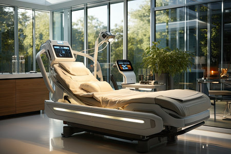 a hospital bed in the middle of a room with large windows looking out onto an outside patio area and treesの素材