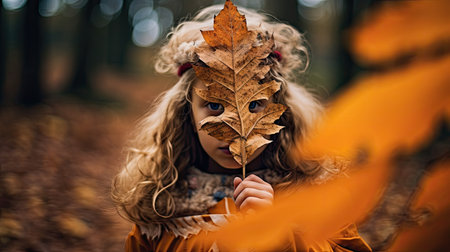 a little girl wearing a leaf headpiece in the woods with autumn leaves surrounding her and looking at the cameraの素材