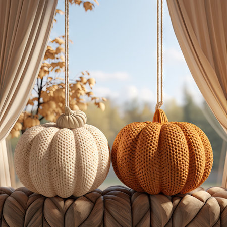 two knitted pumpkins hanging on a window sie with curtains in the background is a blue sky and some treesの素材