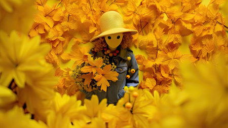 a person wearing a straw hat and holding a bunch of yellow leaves in front of a tree with orange leavesの素材