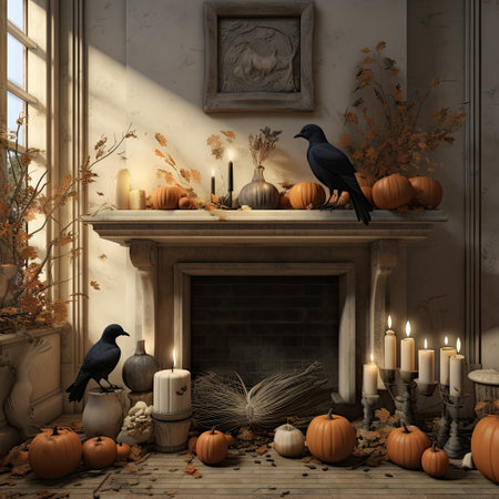 a fireplace with candles, pumpkins and other items on the mantle in the room is decorated with autumn leavesの素材