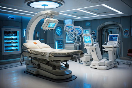 a hospital room with an operating machine in the middle and two monitors on the right side of the room 3d imageの素材