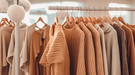 sweaters hanging on a rack in a clothing store, which is being used as an alternative for womens wearの素材