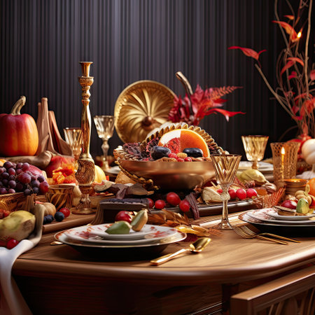 a table set for thanksgiving dinner with fruit, pumpkins, apples, and other food items on the tableの素材