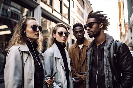 three young people walking down the street, one is wearing sunglasses and the other is looking at something on his phoneの素材