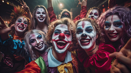 people dressed up as clowns at a halloween party in the photo is taken from above, with focus to the groups facesの素材