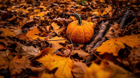 a pumpkin sitting on the ground surrounded by autumn leaves in an image that can be used as a background or wallpaperの素材