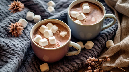 two mugs filled with hot chocolate and marsh on a gray blanket, surrounded by white marsh in the middleの素材