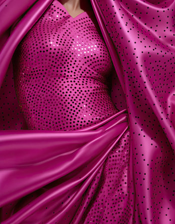 a woman wearing a pink dress with black polkas on the top and bottom, she is looking at the cameraの素材