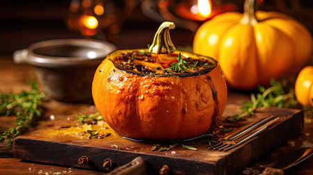 an orange pumpkin on a wooden cutting board with some spices and herbs around it, in the background is a candleの素材