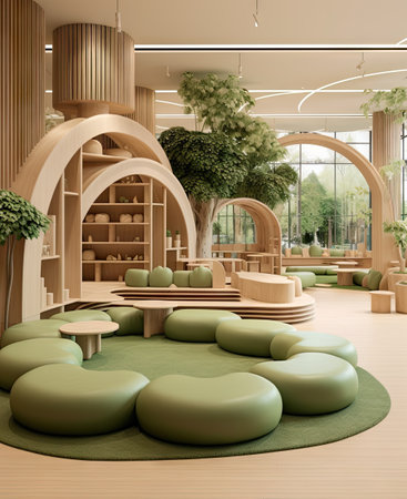 a living room with lots of green furniture and plants in the middle part of the room on the right sideの素材