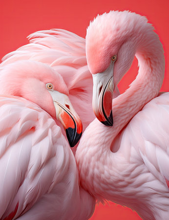 two pink flamingos standing next to each other flamingoes on a red background with copy - space for your textの素材