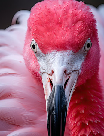 a pink bird with its head turned to look like its looking at the camera and is very close upの素材