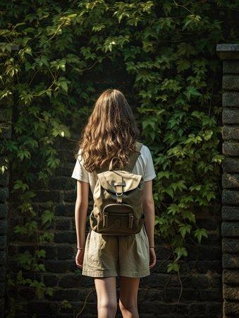 a woman walking in the woods with her back to the camera, wearing a backpack and carrying a small bagの素材