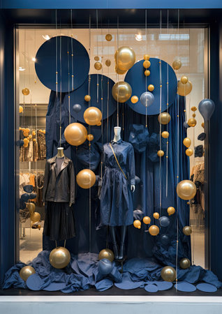 a store window with gold and blue balloons hanging from the ceiling, in front of it is a manneの素材