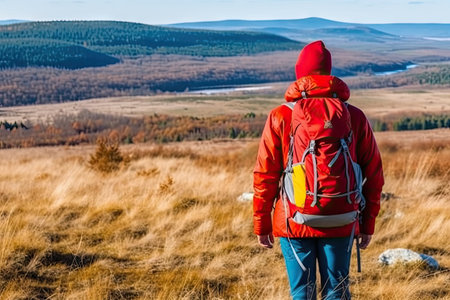 a person wearing a red jacket and backpack walking on a grassy hill in the scottish highlands with mountains in the backgroundの素材