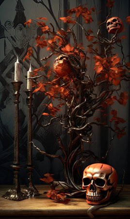 a skull in front of a tree with red leaves and skulls on the branches, next to a burning candleの素材