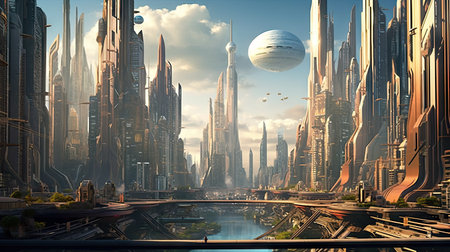 a futuristic city with lots of tall buildings in the distance, and an alien spaceship flying over its headの素材