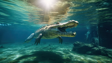 a crocodile swimming in the ocean, with its mouth open and its teeth out to look like an alligatorの素材