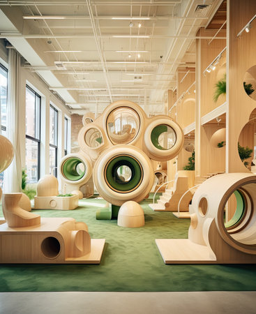 the inside of an office with lots of different shapes and sizes on the walls, including large circular objects in various colorsの素材