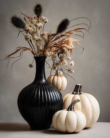 pumpkins and gourds in a black vase on a white table with gray wall behind the photo is taken from aboveの素材