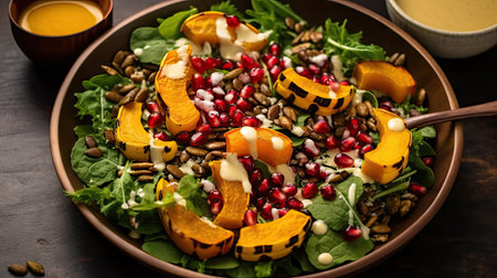 a salad in a bowl with oranges, nuts and pomeal on the side next to a cup of dressingの素材