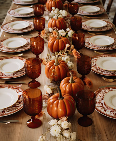 a table set for thanksgiving dinner with pumpkins and white flowers in the centerpiece is surrounded by fall leavesの素材