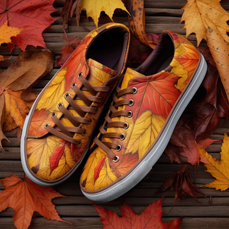 autumn leaves and shoes on a wooden floor with fall leaves in the foreground stock photo by steve mc photographyの素材