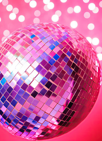 a disco ball on a pink background with white and blue lights in the background photo is taken from above stock photoの素材
