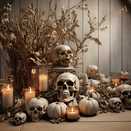 halloween decorations with skulls, candles and pumpkins on a wooden table in the background is an old wood paneled wallの素材
