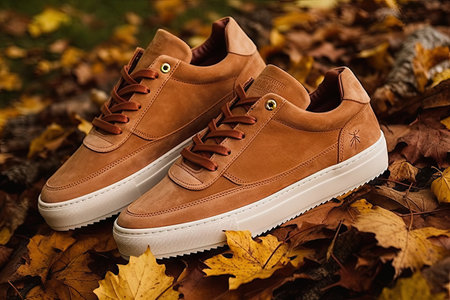 a pair of brown sneakers on the ground with autumn leaves in the foreground stock photo by steve mc / getty imagesの素材
