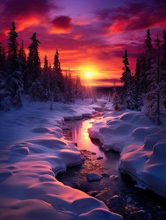 the sun setting over a snowy river with trees and snow covered rocks in the fore - stock image is not availableの素材