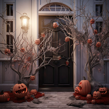 halloween decorations with pumpkins and trees in front of a house, all decorated for the holidays photo courtesy from shutterの素材