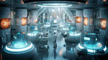 the inside of a space station, with lights on and two people looking at them in front of each other spacesの素材