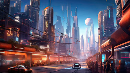 a futuristic city with cars and people walking on the street in front of tall skyscrapers at night stock photoの素材